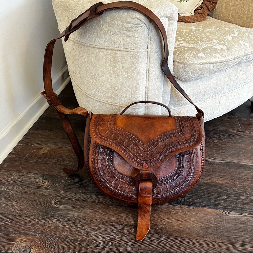 Handmade Brown Tooled Leather Crossbody Saddle Bag Made in Mexico NEW - Picture 11 of 14